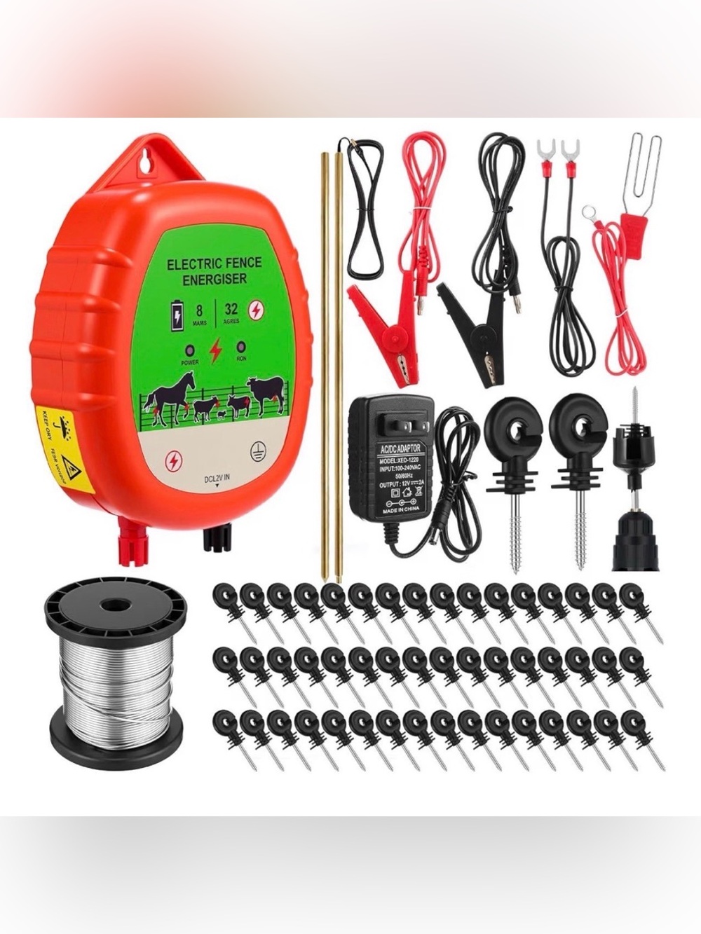 8 Mile Electric Fence Kit, 12kV 2J Charger with 250FT Wire
Includes 50 Black Ins